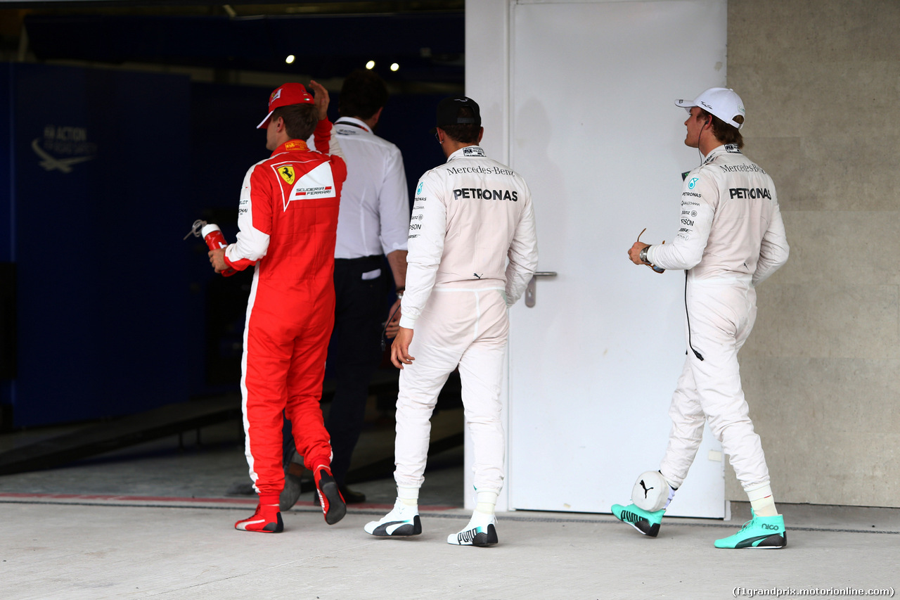 GP MESSICO, 31.10.2015- Qualifiche, Sebastian Vettel (GER) Ferrari SF15-T, Lewis Hamilton (GBR) Mercedes AMG F1 W06 e Nico Rosberg (GER) Mercedes AMG F1 W06
