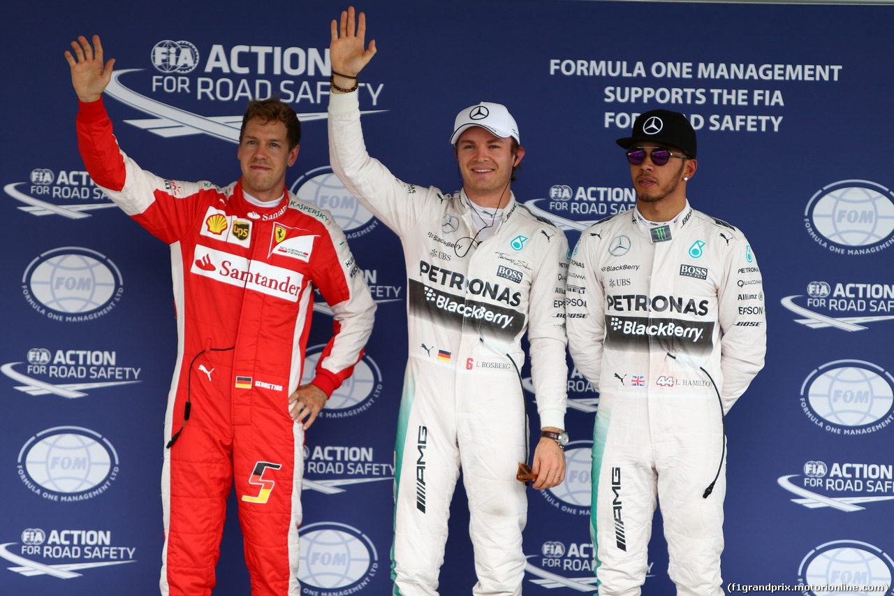 GP MESSICO, 31.10.2015- Qualifiche, terzo Sebastian Vettel (GER) Ferrari SF15-T, Nico Rosberg (GER) Mercedes AMG F1 W06 pole position e secondo Lewis Hamilton (GBR) Mercedes AMG F1 W06