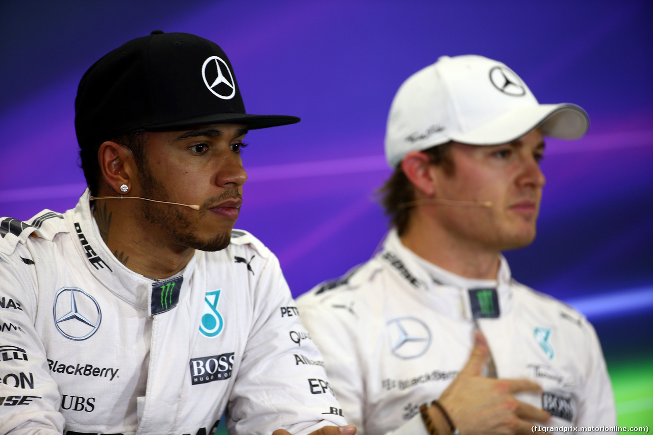 GP MESSICO, 31.10.2015- Qualifiche, Conferenza Stampa, Lewis Hamilton (GBR) Mercedes AMG F1 W06 e Nico Rosberg (GER) Mercedes AMG F1 W06