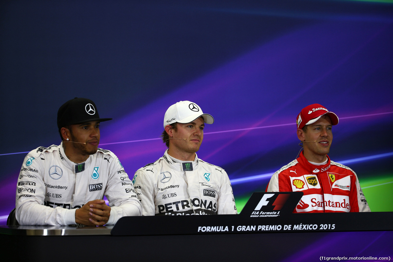 GP MESSICO, 31.10.2015- Qualifiche, Conferenza Stampa, Lewis Hamilton (GBR) Mercedes AMG F1 W06, Nico Rosberg (GER) Mercedes AMG F1 W06 e Sebastian Vettel (GER) Ferrari SF15-T