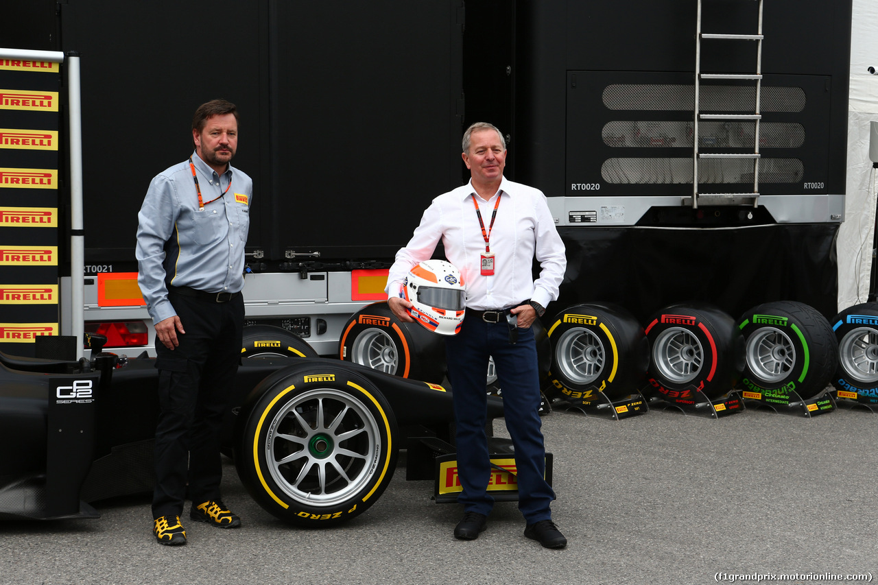 GP MONACO, 23.05.2015- Pirelli presents the new 18" tire for Gp2 with Paul Hembery (GBR) Pirelli Motorspor Director  e Martin Brundle (GBR)