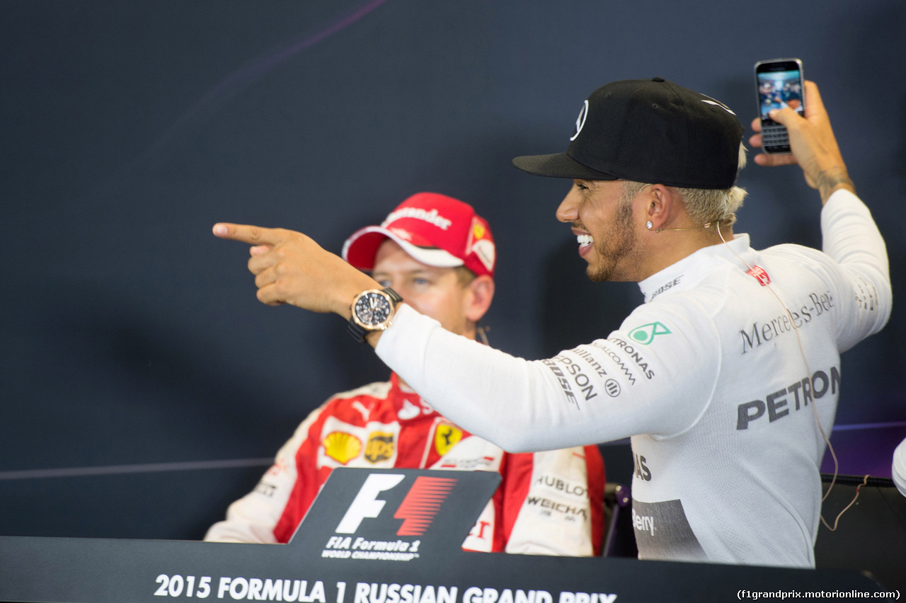 GP RUSSIA, 11.10.2015 - Gara, Conferenza Stampa, Sebastian Vettel (GER) Ferrari SF15-T e Lewis Hamilton (GBR) Mercedes AMG F1 W06