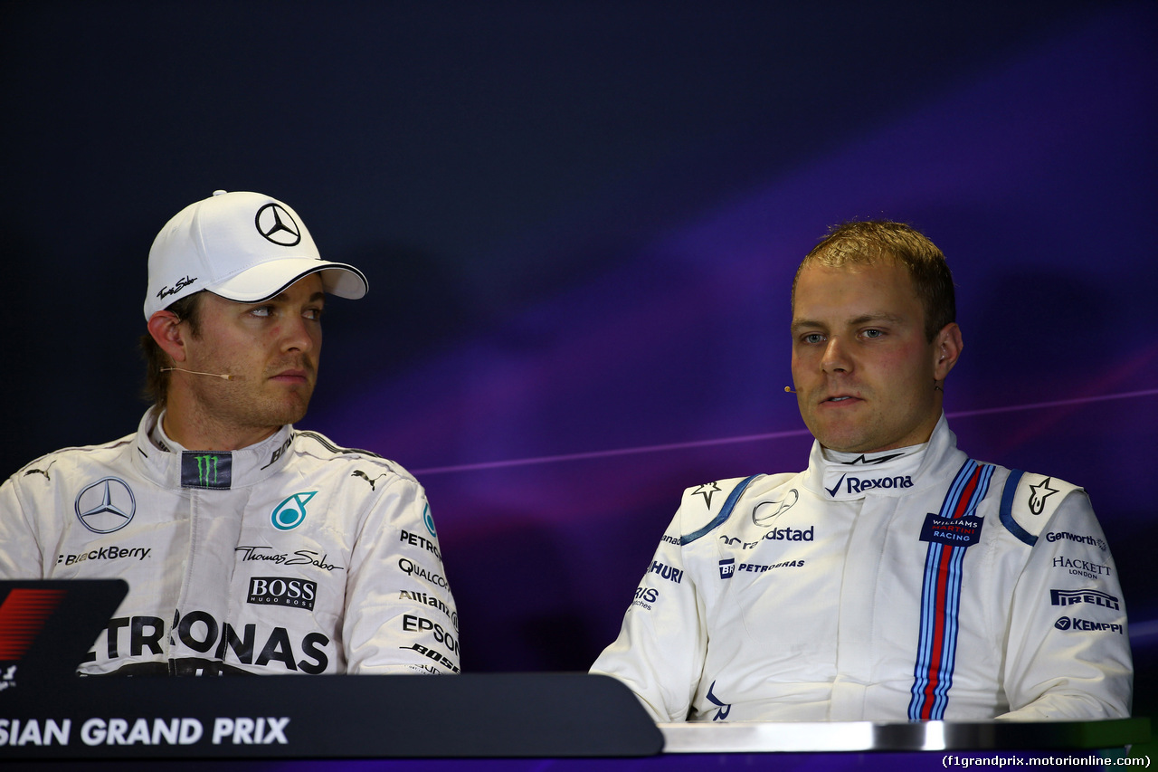 GP RUSSIA, 10.10.2015 -  Qualifiche, Conferenza Stampa, Nico Rosberg (GER) Mercedes AMG F1 W06 e Valtteri Bottas (FIN) Williams F1 Team FW37