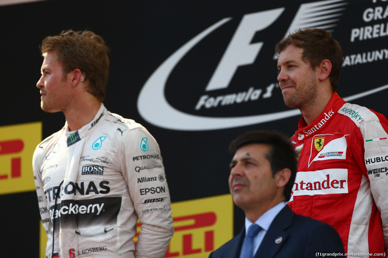 GP SPAGNA, 10.05.2015- Podium, winner Nico Rosberg (GER) Mercedes AMG F1 W06, 3rd Sebastian Vettel (GER) Ferrari SF15-T