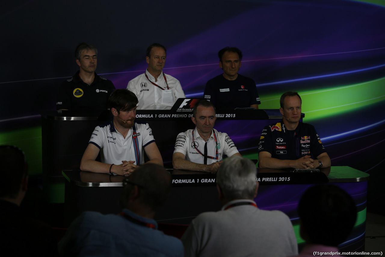 GP SPAGNA, 08.02.2015-  Venerdi' Fia official Press Conference, Nick Chester (GBR) Lotus F1 Team Technical Director; Jonathan Neale (GBR) McLaren Chief Operating Officer; ; Rob Smedley (GBR) Williams Head of Vehicle Performance; Paddy Lowe (GBR) Mercedes AMG F1 Executive Director (Technical); Paul Monaghan (GBR) Red Bull Racing Chief Engineer