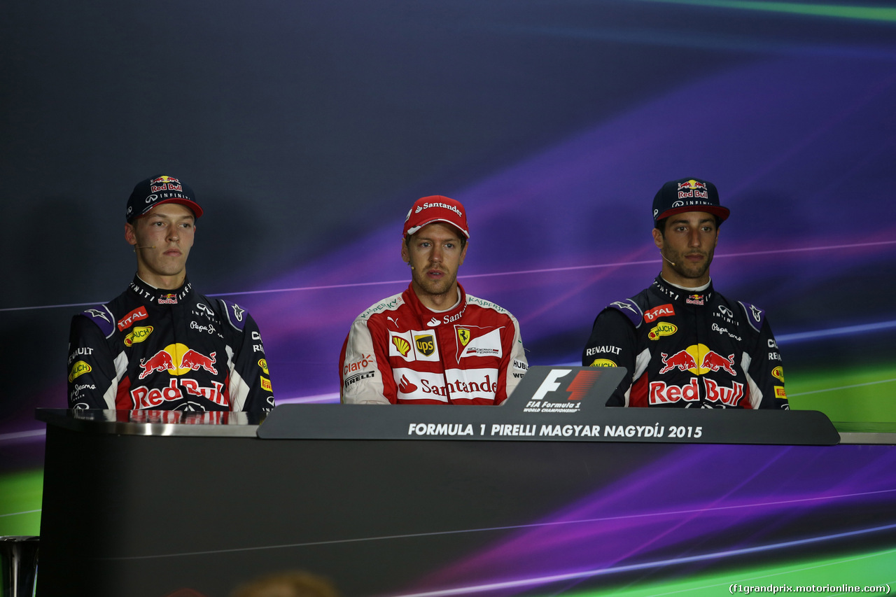 GP UNGHERIA, 26.07.2015 - Gara, Conferenza Stampa Daniil Kvyat (RUS) Red Bull Racing RB11, Sebastian Vettel (GER) Ferrari SF15-T e Daniel Ricciardo (AUS) Red Bull Racing RB11