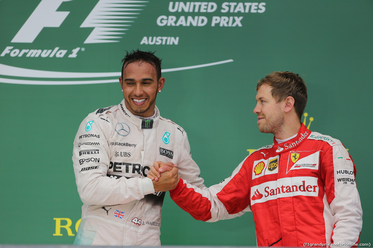 GP USA, 25.10.2015- Podium,  winner e 2015 F1 world champion Lewis Hamilton (GBR) Mercedes AMG F1 W06  with 3rd Sebastian Vettel (GER) Ferrari SF15-T