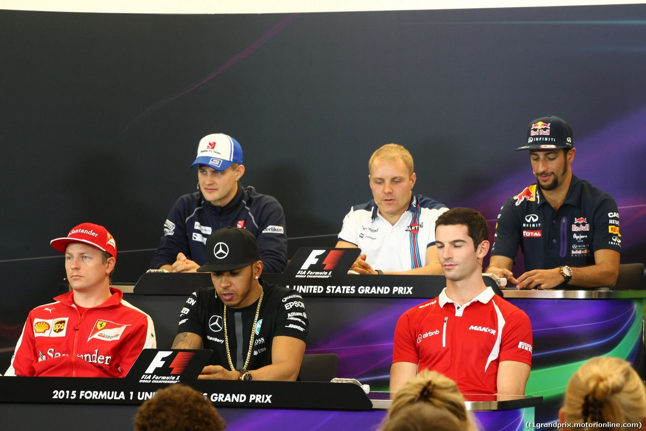 GP USA, 22.10.2015- Giovedi'  official Press Conference,  L to R upper line Marcus Ericsson (SUE) Sauber C34, Valtteri Bottas (FIN) Williams F1 Team FW37 e Daniel Ricciardo (AUS) Red Bull Racing RB11, lower line Kimi Raikkonen (FIN) Ferrari SF15-T, 1 e 53