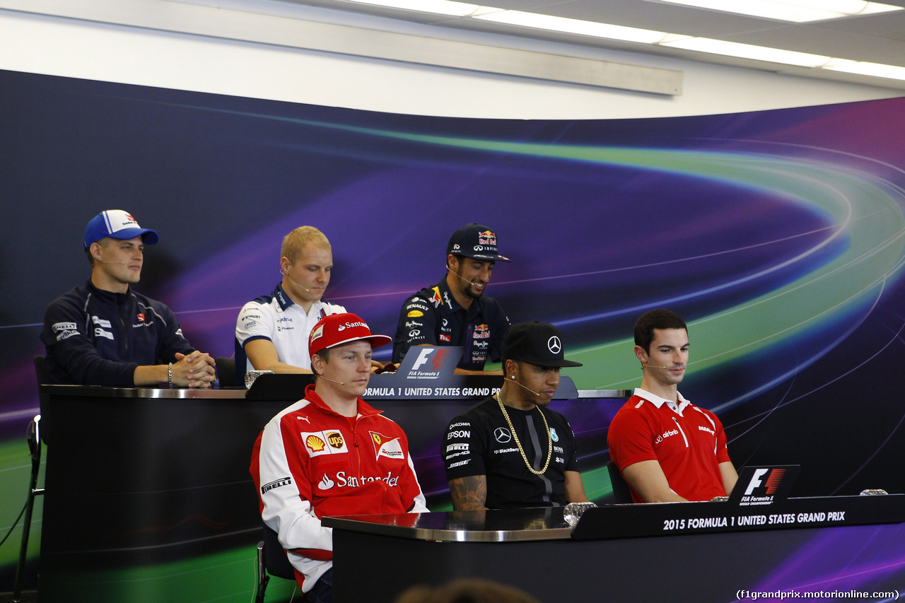 GP USA, 22.10.2015- Giovedi'  official Press Conference,  L to R upper line Marcus Ericsson (SUE) Sauber C34, Valtteri Bottas (FIN) Williams F1 Team FW37 e Daniel Ricciardo (AUS) Red Bull Racing RB11, lower line Kimi Raikkonen (FIN) Ferrari SF15-T, 1 e 53