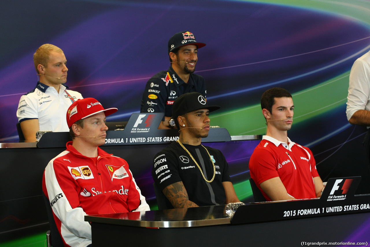 GP USA, 22.10.2015- Giovedi'  official Press Conference,  L to R upper line Marcus Ericsson (SUE) Sauber C34, Valtteri Bottas (FIN) Williams F1 Team FW37 e Daniel Ricciardo (AUS) Red Bull Racing RB11, lower line Kimi Raikkonen (FIN) Ferrari SF15-T, 1 e 53