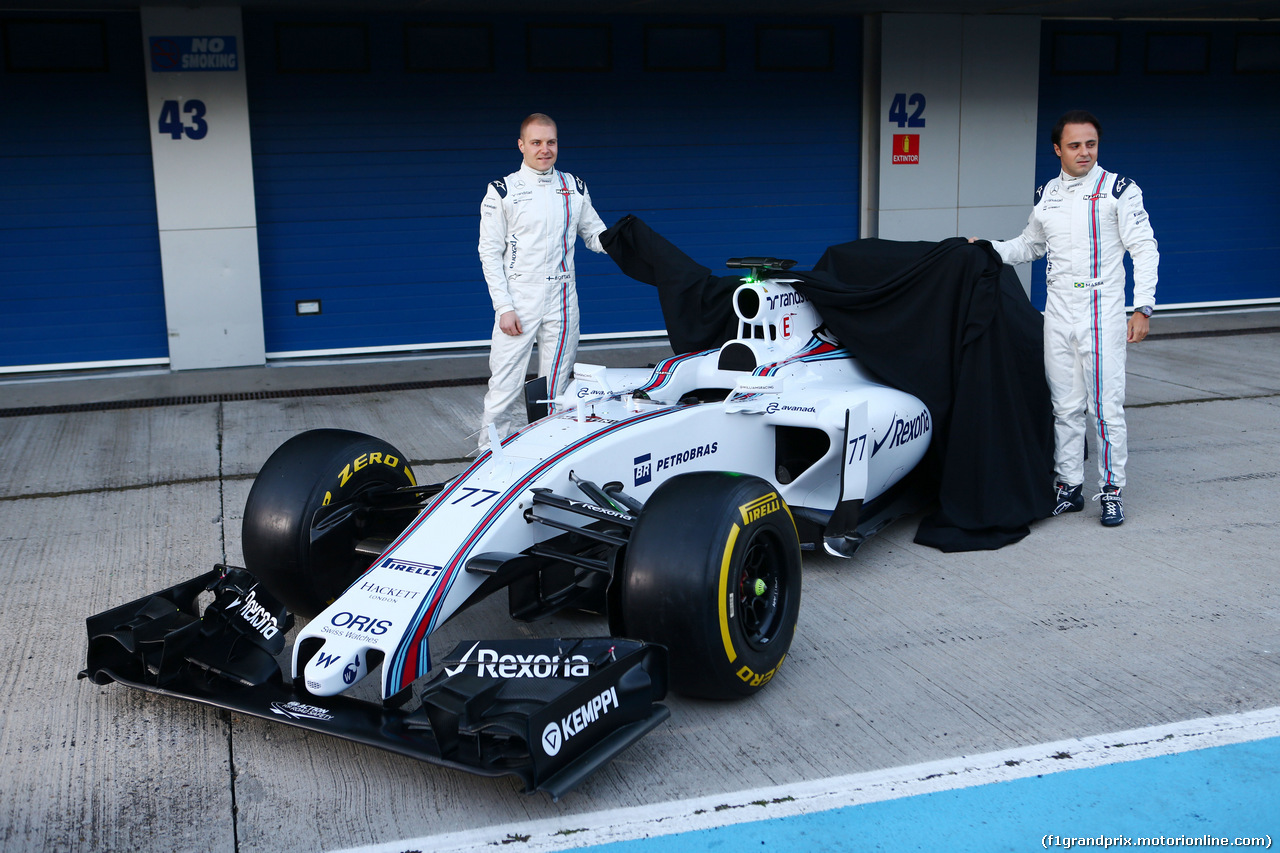 TEST F1 JEREZ 1 FEBBRAIO, (L to R): Valtteri Bottas (FIN) Williams e team mate Felipe Massa (BRA) Williams unveil the Williams FW37.
01.02.2015.