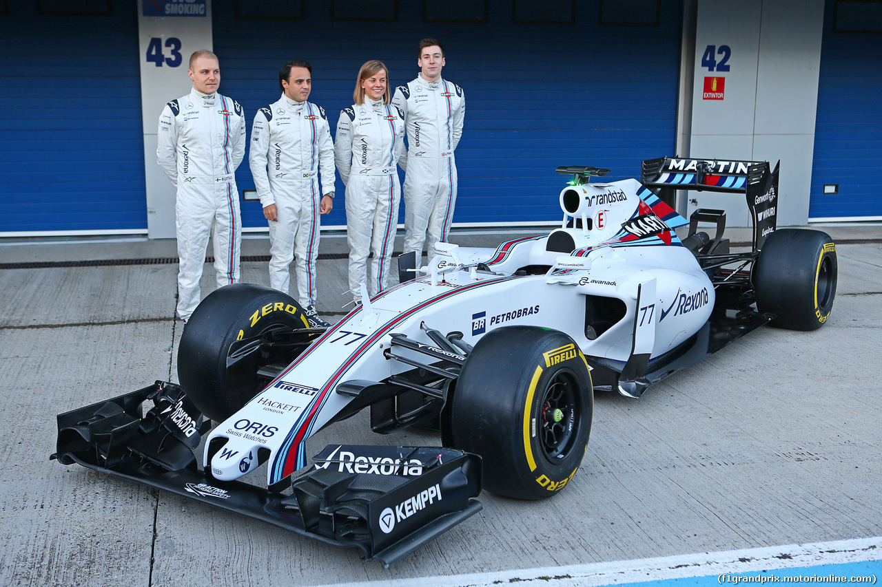 TEST F1 JEREZ 1 FEBBRAIO, The Williams FW37 is unveiled (L to R): Valtteri Bottas (FIN) Williams; Felipe Massa (BRA) Williams; Susie Wolff (GBR) Williams Development Driver; Alex Lynn (GBR) Williams Development Driver.
01.02.2015.