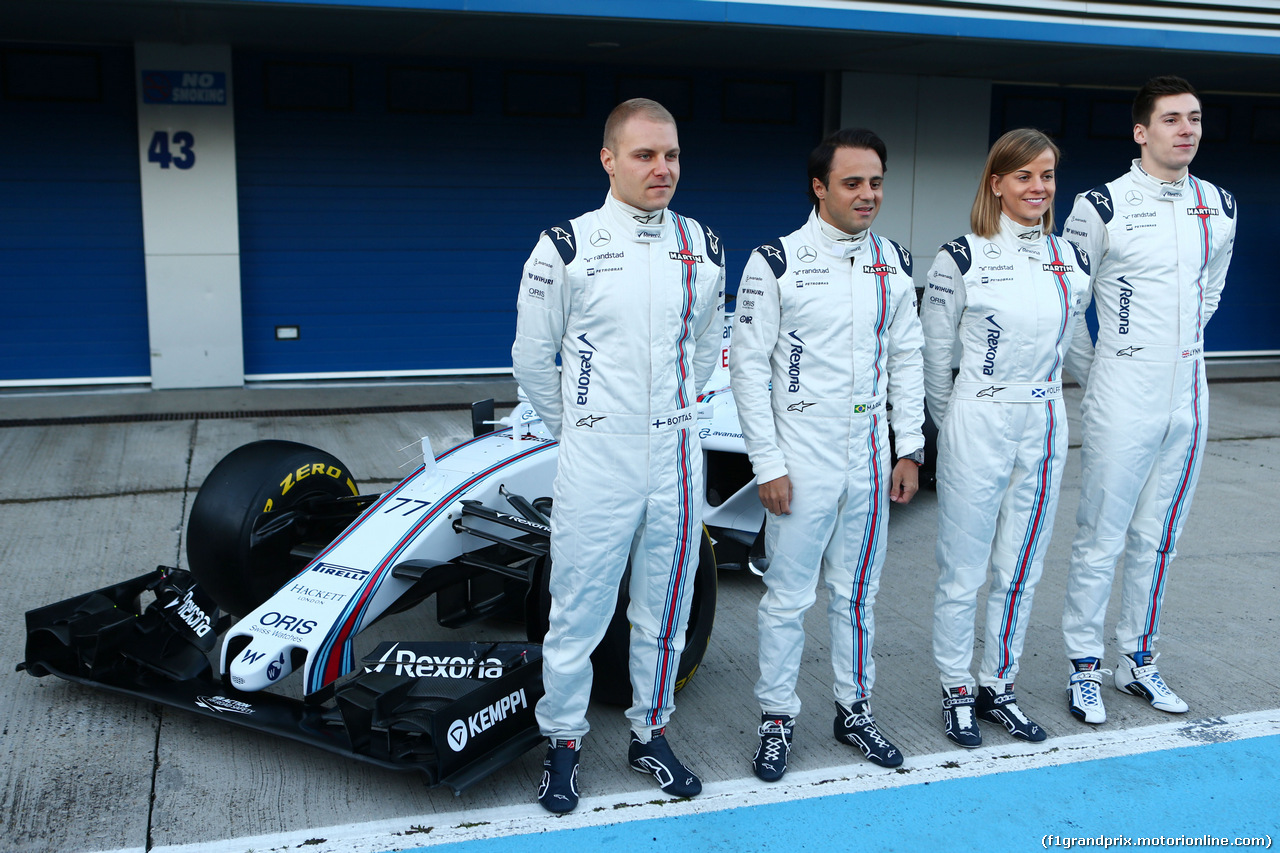 TEST F1 JEREZ 1 FEBBRAIO, The Williams FW37 is unveiled (L to R): Valtteri Bottas (FIN) Williams; Felipe Massa (BRA) Williams; Susie Wolff (GBR) Williams Development Driver; Alex Lynn (GBR) Williams Development Driver.
01.02.2015.