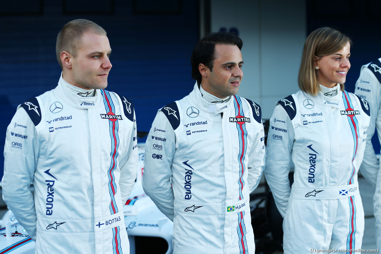 TEST F1 JEREZ 1 FEBBRAIO, (L to R): Valtteri Bottas (FIN) Williams with Felipe Massa (BRA) Williams e Susie Wolff (GBR) Williams Development Driver.
01.02.2015.