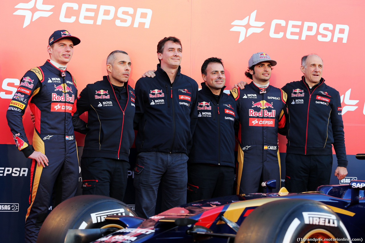 TORO ROSSO STR10, The Scuderia Toro Rosso STR10 is unveiled (L to R): Max Verstappen (NLD) Scuderia Toro Rosso; Paolo Marabini (ITA) Scuderia Toro Rosso Chief Designer; James Key (GBR) Scuderia Toro Rosso Technical Director; Matteo Piraccini (ITA) Scuderia Toro Rosso Chief Designer; Franz Tost (AUT) Scuderia Toro Rosso Team Principal.
31.01.2015.