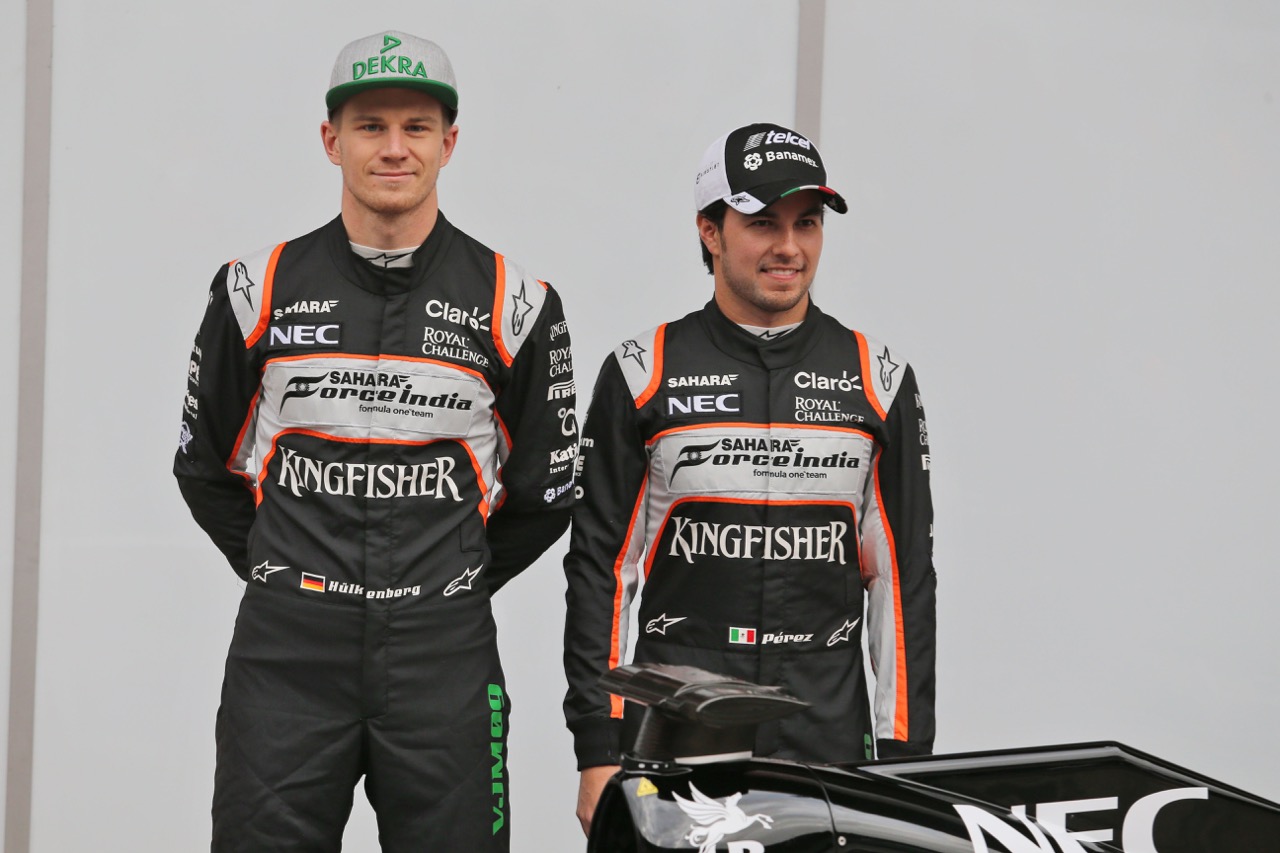 FORCE INDIA VJM09, (L to R): Nico Hulkenberg (GER) Sahara Force India F1 with team mate Sergio Perez (MEX) Sahara Force India F1 at the Sahara Force India F1 VJM09 unveiling.
22.02.2016.