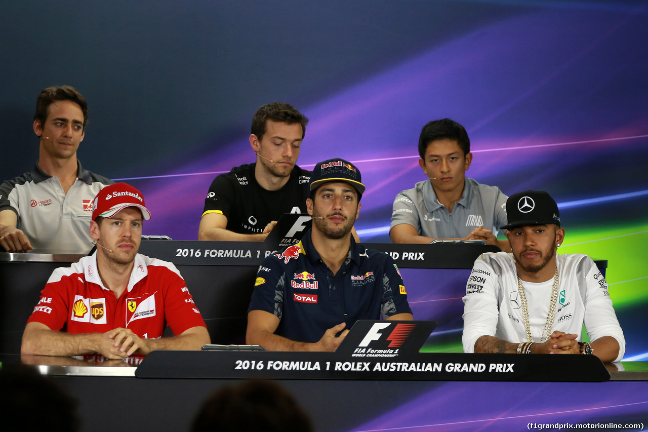 GP AUSTRALIA, 17.03.2016 - Conferenza Stampa, Esteban Gutierrez (MEX) Haas F1 Team VF-16, Jolyon Palmer (GBR) Renault Sport F1 Team RS16, Rio Haryanto (IND) Manor Racing MRT05, Sebastian Vettel (GER) Ferrari SF16-H, Daniel Ricciardo (AUS) Red Bull Racing RB12 e Lewis Hamilton (GBR) Mercedes AMG F1 W07 Hybrid