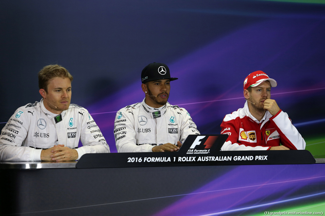 GP AUSTRALIA, 19.03.2016 - Qualifiche, Conferenza Stampa, Nico Rosberg (GER) Mercedes AMG F1 W07 Hybrid, Lewis Hamilton (GBR) Mercedes AMG F1 W07 Hybrid e Sebastian Vettel (GER) Ferrari SF16-H