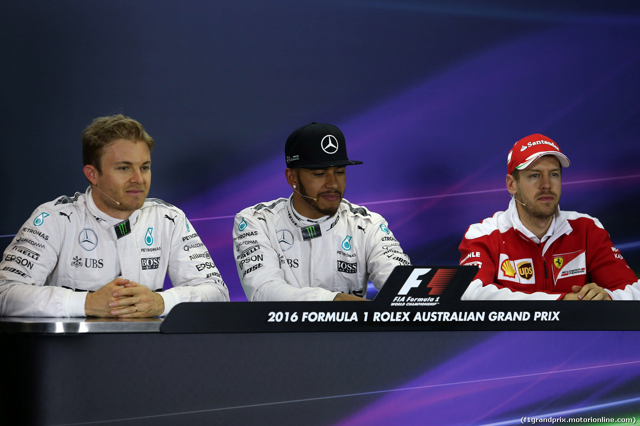 GP AUSTRALIA, 19.03.2016 - Qualifiche, Conferenza Stampa, Nico Rosberg (GER) Mercedes AMG F1 W07 Hybrid, Lewis Hamilton (GBR) Mercedes AMG F1 W07 Hybrid e Sebastian Vettel (GER) Ferrari SF16-H