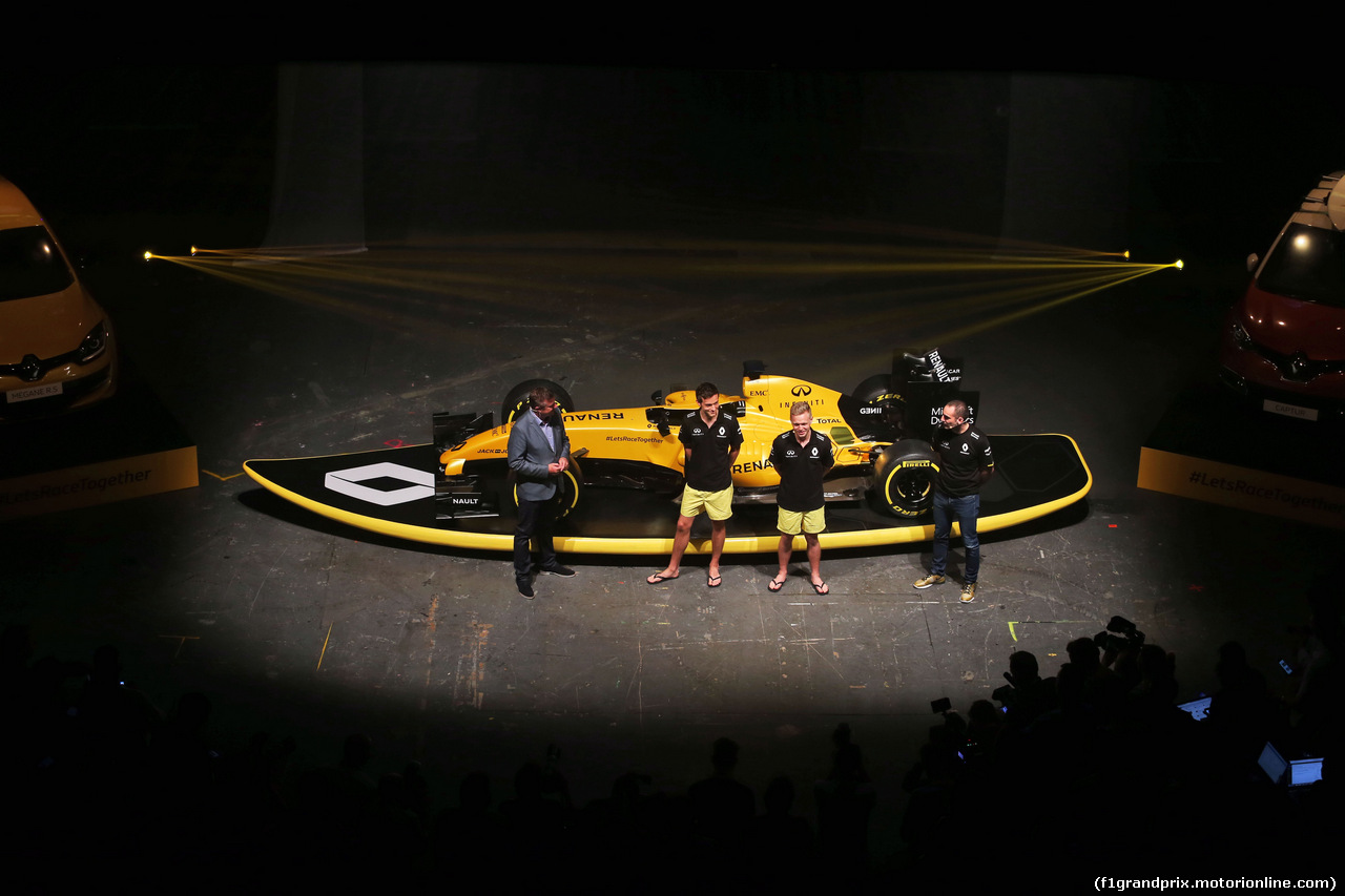 GP AUSTRALIA, (L to R): David Croft (GBR) Sky Sports Commentator; Jolyon Palmer (GBR) Renault Sport F1 Team; Kevin Magnussen (DEN) Renault Sport F1 Team; e Cyril Abiteboul (FRA) Renault Sport F1 Managing Director at the Renault Sport F1 Team RS16 livery launch. 
16.03.2016.