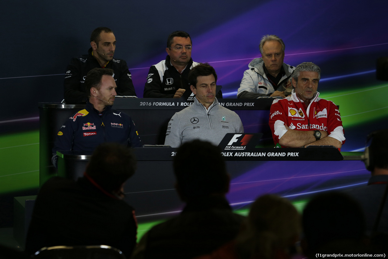 GP AUSTRALIA, 18.03.2016 - Conferenza Stampa, (UP) Cyril Abiteboul (FRA) Renault Sport F1 Managing Director, Eric Boullier (FRA) McLaren Racing Director, Gene Haas (USA), head of the Haas F1 Team, Christian Horner (GBR), Red Bull Racing, Sporting Director, Toto Wolff (GER) Mercedes AMG F1 Shareholder e Executive Director e Maurizio Arrivabene (ITA) Ferrari Team Principal