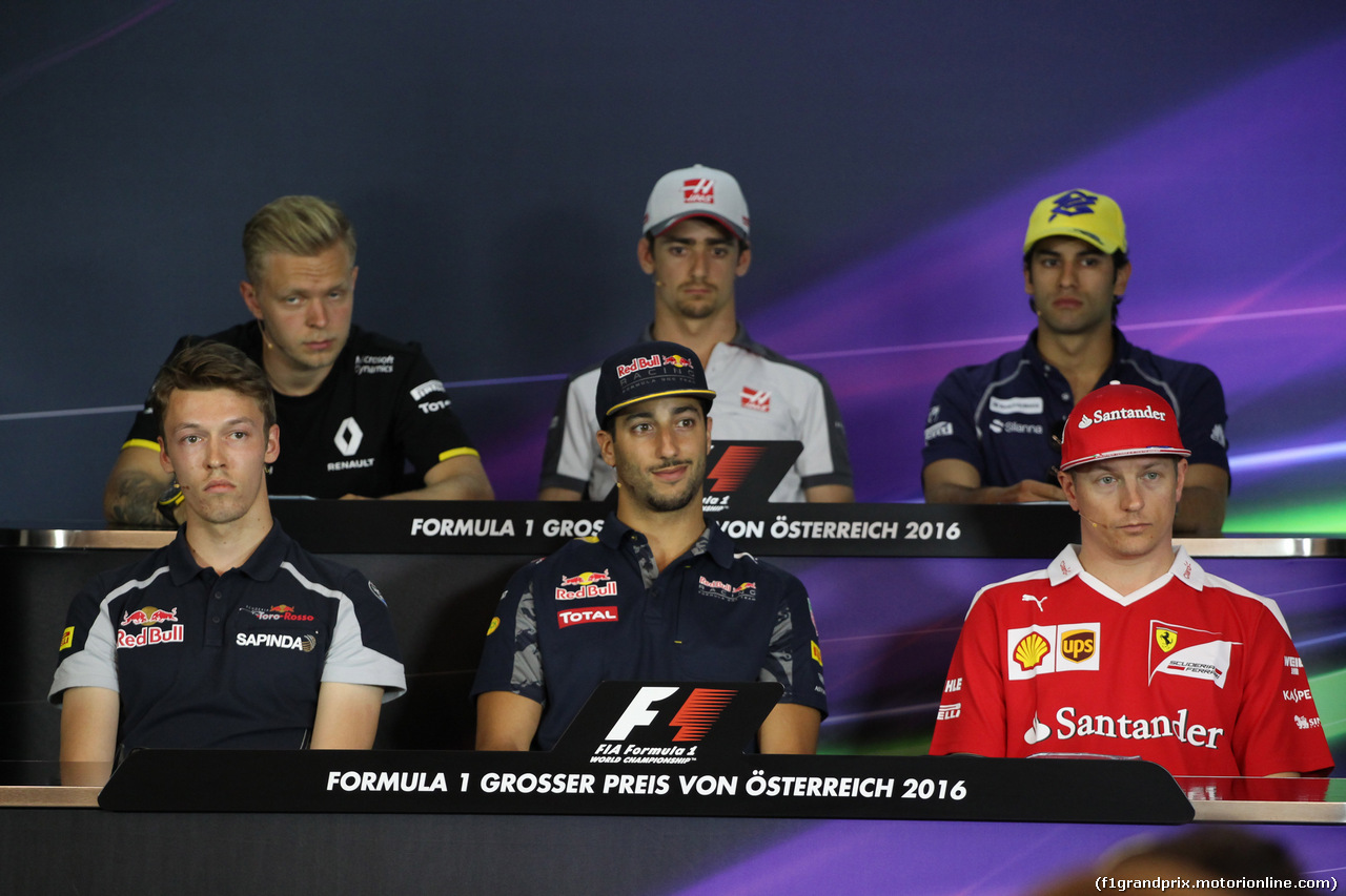 GP AUSTRIA, 30.06.2016- Giovedi' Press Conference, lower row, L to R Daniil Kvyat (RUS) Scuderia Toro Rosso STR11, Daniel Ricciardo (AUS) Red Bull Racing RB12, Kimi Raikkonen (FIN) Ferrari SF16-H, upper row L to R Kevin Magnussen (DEN) Renault Sport F1 Team RS16, Esteban Gutierrez (MEX) Haas F1 Team VF-16 e Felipe Nasr (BRA) Sauber C35