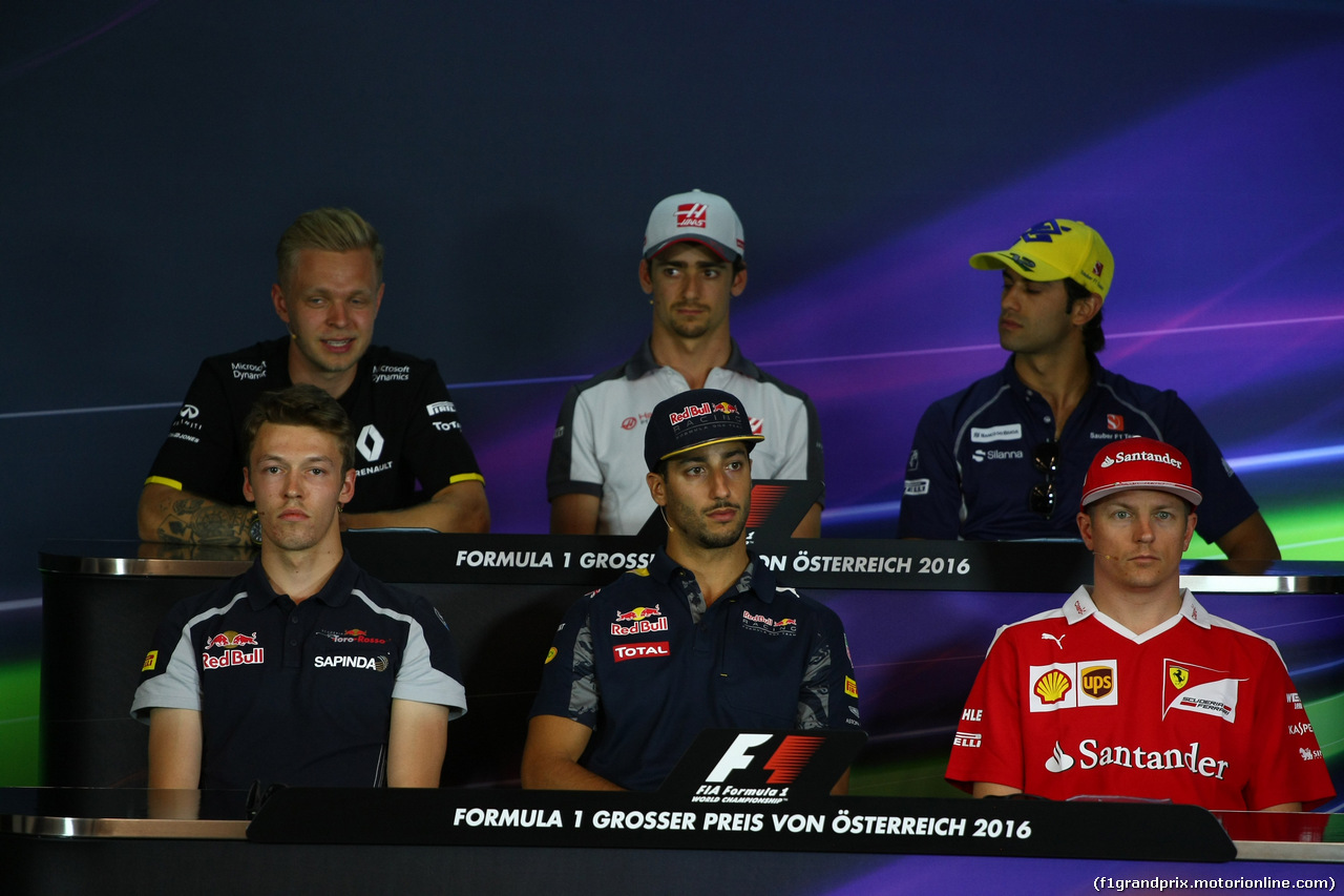 GP AUSTRIA, 30.06.2016- Giovedi' Press Conference, lower row, L to R Daniil Kvyat (RUS) Scuderia Toro Rosso STR11, Daniel Ricciardo (AUS) Red Bull Racing RB12, Kimi Raikkonen (FIN) Ferrari SF16-H, upper row L to R Kevin Magnussen (DEN) Renault Sport F1 Team RS16, Esteban Gutierrez (MEX) Haas F1 Team VF-16 e Felipe Nasr (BRA) Sauber C35
