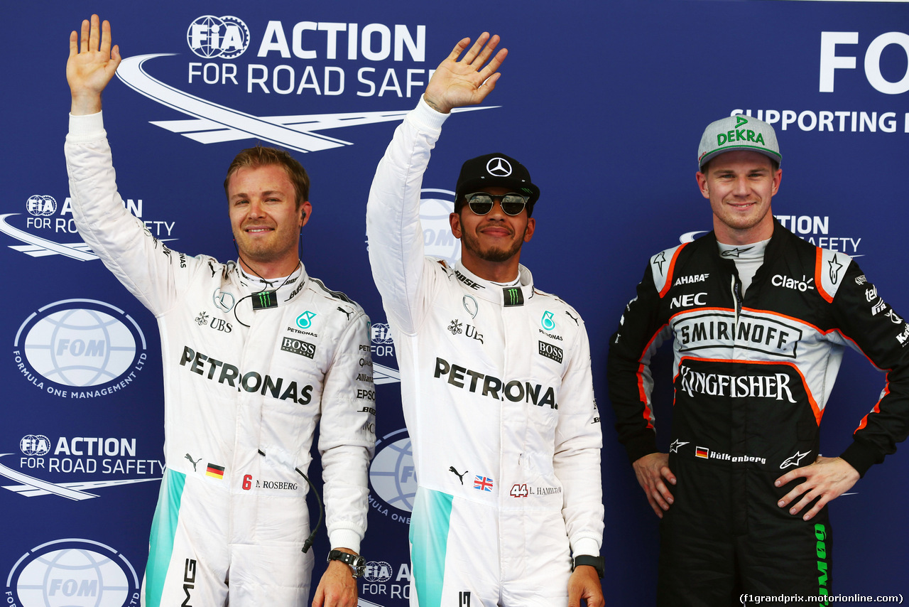 GP AUSTRIA, 02.07.2016 - Qualifiche top three in parc ferme (L to R): Nico Rosberg (GER) Mercedes AMG F1, second; Lewis Hamilton (GBR) Mercedes AMG F1, pole position; Nico Hulkenberg (GER) Sahara Force India F1, third.