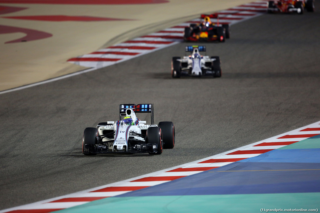 GP BAHRAIN, 03.04.2016 - Gara, Felipe Massa (BRA) Williams FW38 davanti a Valtteri Bottas (FIN) Williams FW38