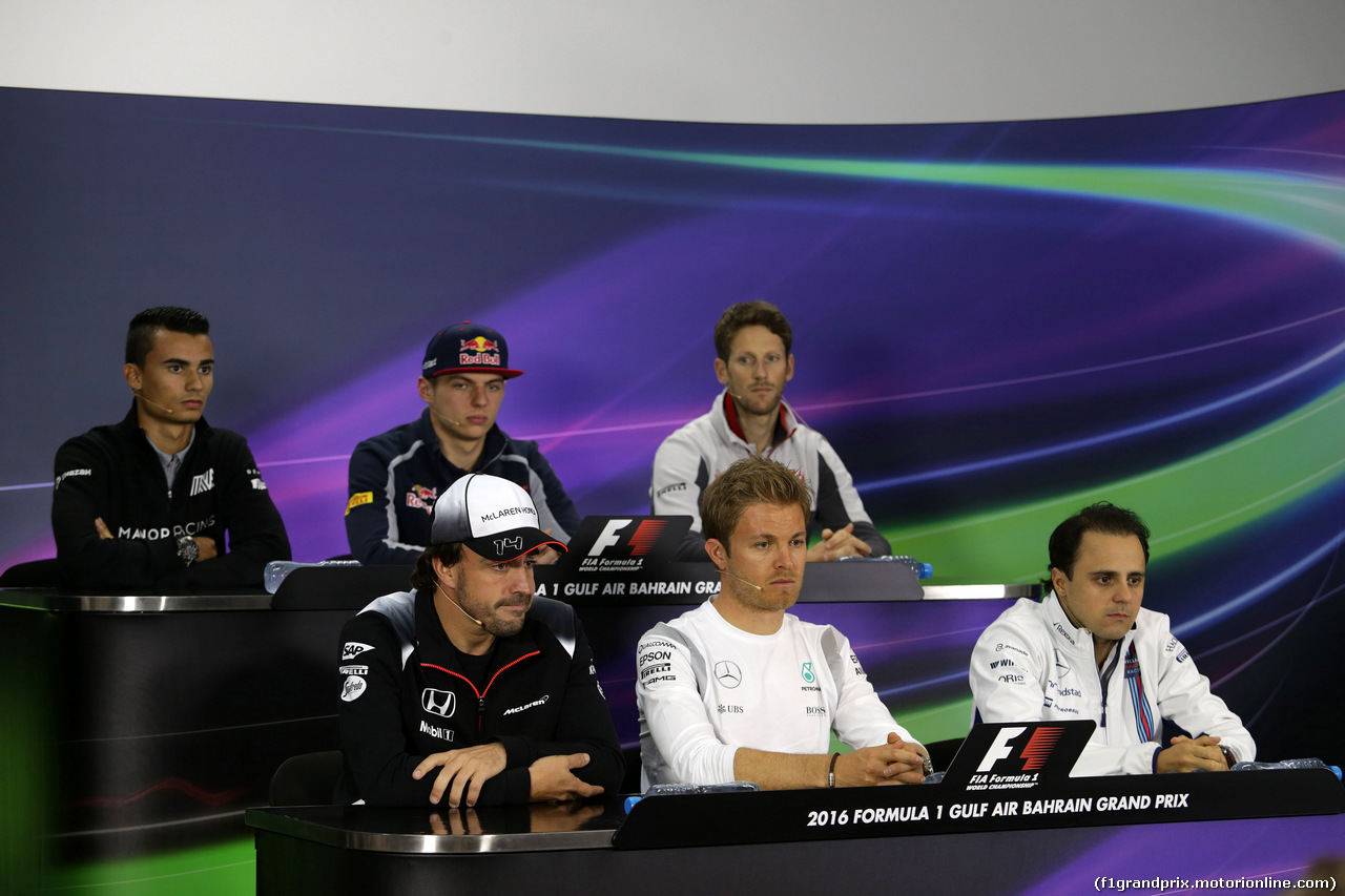 GP BAHRAIN, 31.03.2016 - Conferenza Stampa, (UP) Pascal Wehrlein (GER) Manor Racing MRT05, Max Verstappen (NED) Scuderia Toro Rosso STR11, Romain Grosjean (FRA) Haas F1 Team VF-16, Fernando Alonso (ESP) McLaren Honda MP4-31, Nico Rosberg (GER) Mercedes AMG F1 W07 Hybrid e Felipe Massa (BRA) Williams FW38