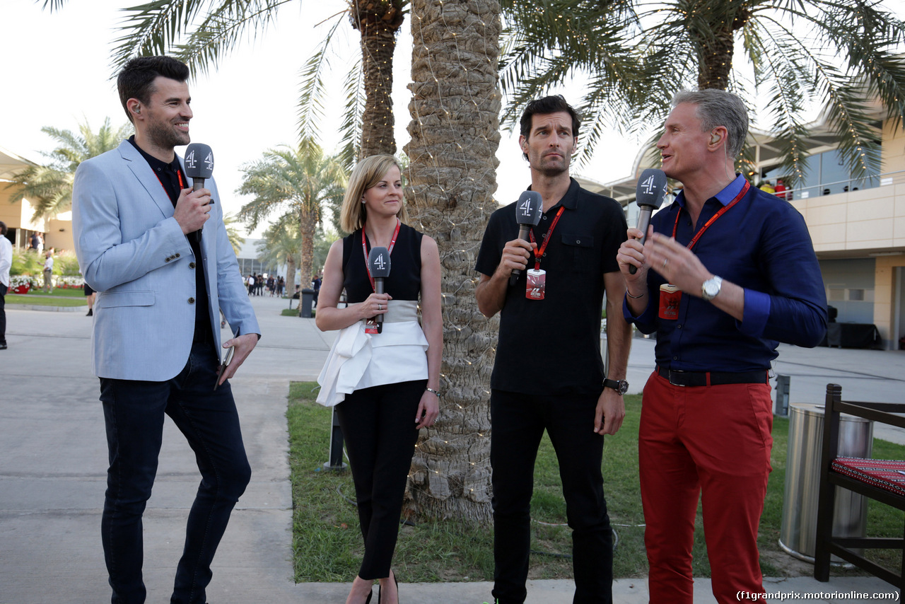 GP BAHRAIN, 02.04.2016 - Qualifiche, Susie Wolff (GBR), Mark Webber (AUS) e David Coulthard (GBR)