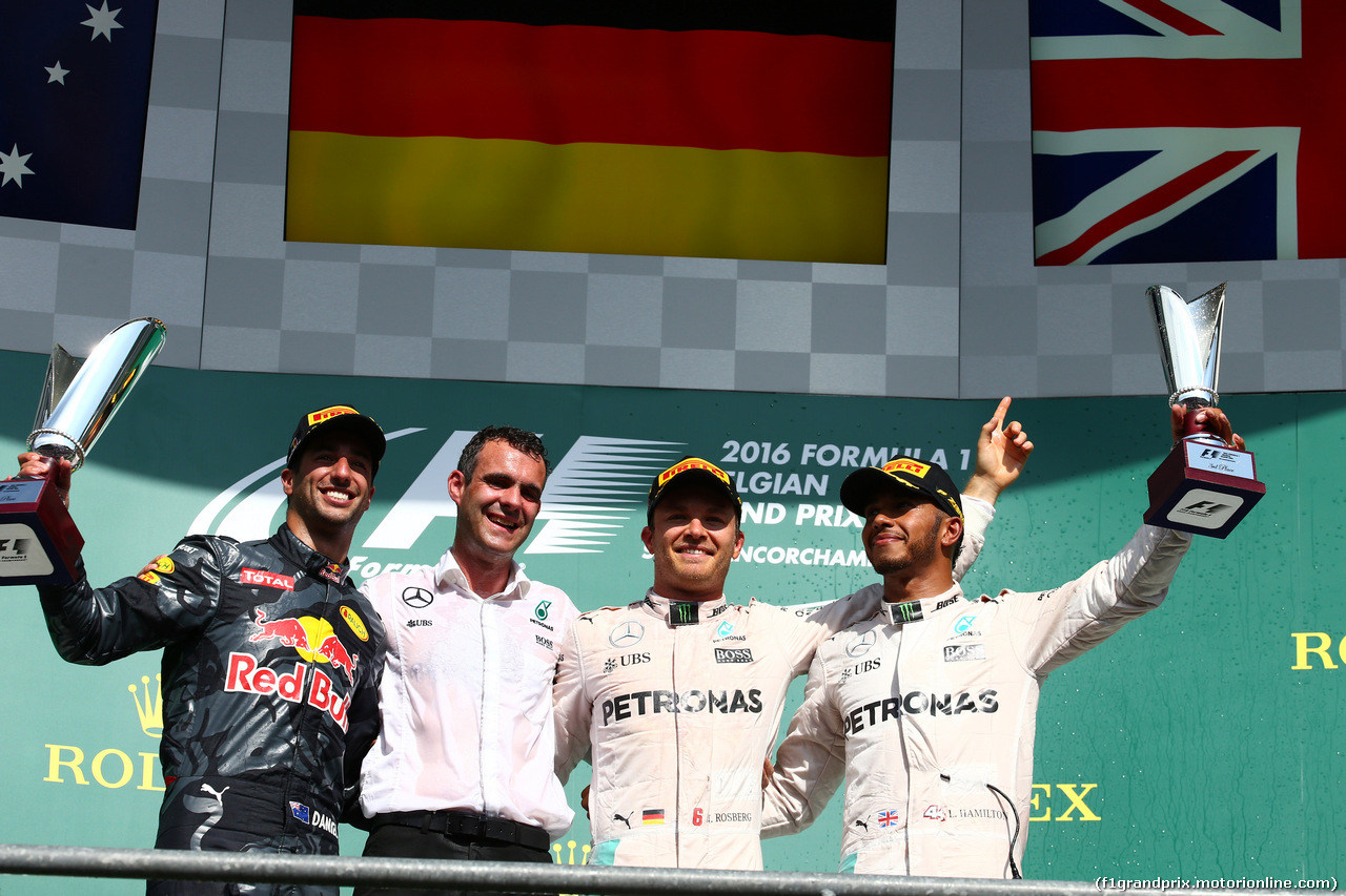 GP BELGIO, 1st place for Nico Rosberg (GER) Mercedes AMG Petronas F1 W07, 2nd place for Daniel Ricciardo (AUS) Red Bull Racing RB12 e 3rd place for Lewis Hamilton (GBR) Mercedes AMG F1 W07 .
28.08.2016. Gara