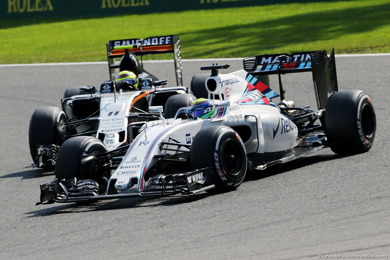 GP BELGIO, Felipe Massa (BRA) Williams FW38 e Sergio Perez (MEX) Sahara Force India F1 VJM09 battle for position.
28.08.2016. Gara