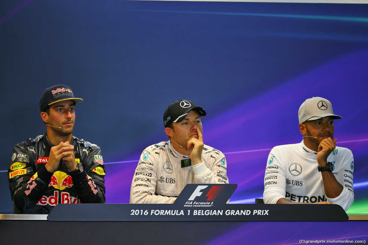 GP BELGIO, The post race FIA Press Conference (L to R): Daniel Ricciardo (AUS) Red Bull Racing, second; Nico Rosberg (GER) Mercedes AMG F1, vincitore; Lewis Hamilton (GBR) Mercedes AMG F1, third.
28.08.2016. Gara