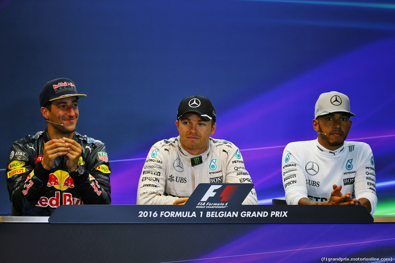 GP BELGIO, The post race FIA Press Conference (L to R): Daniel Ricciardo (AUS) Red Bull Racing, second; Nico Rosberg (GER) Mercedes AMG F1, vincitore; Lewis Hamilton (GBR) Mercedes AMG F1, third.
28.08.2016. Gara