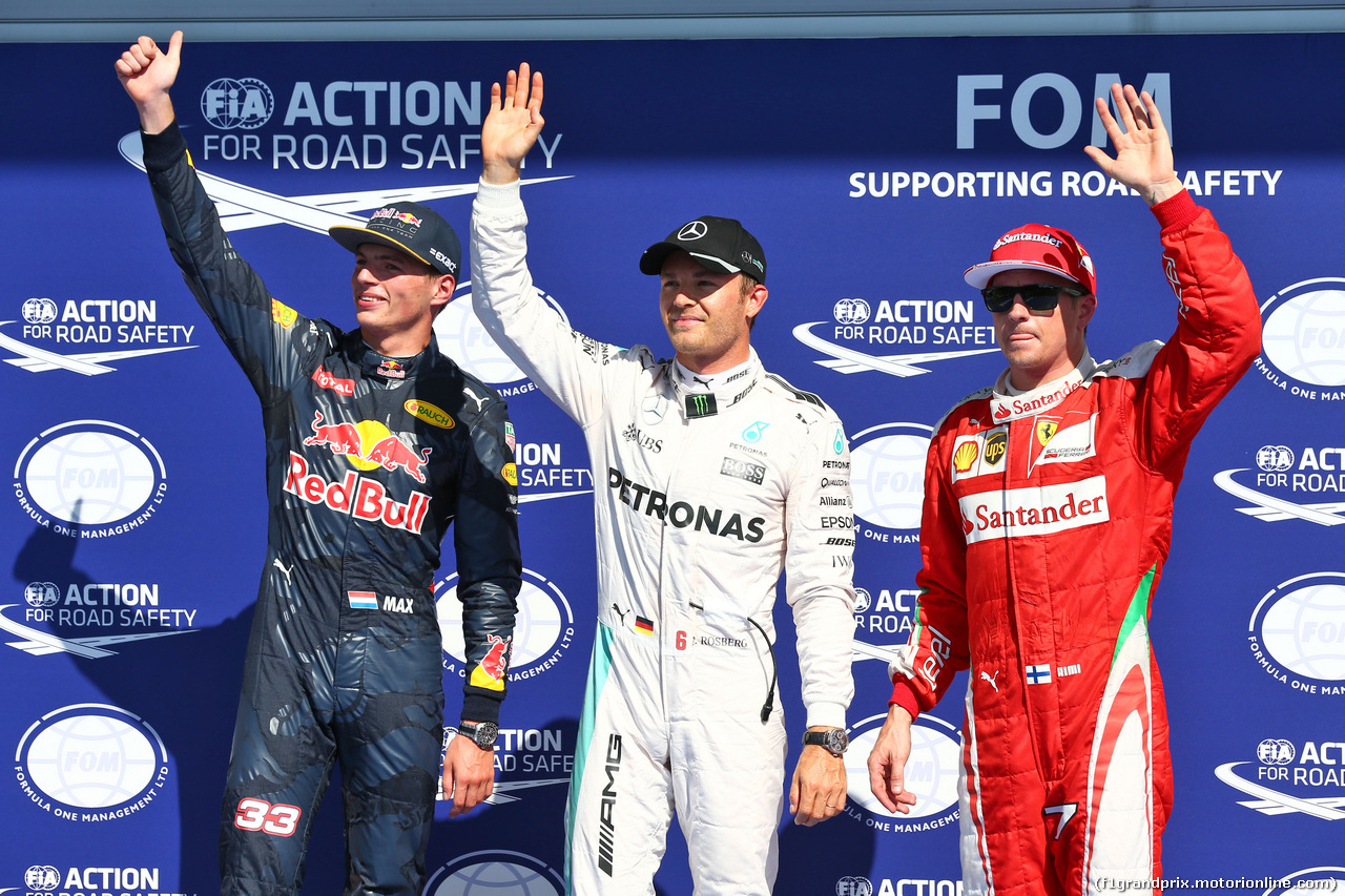 GP BELGIO, Qualifiche top three in parc ferme (L to R): Max Verstappen (NLD) Red Bull Racing, second; Nico Rosberg (GER) Mercedes AMG F1, pole position; Kimi Raikkonen (FIN) Ferrari, third.
27.08.2016. Qualifiche