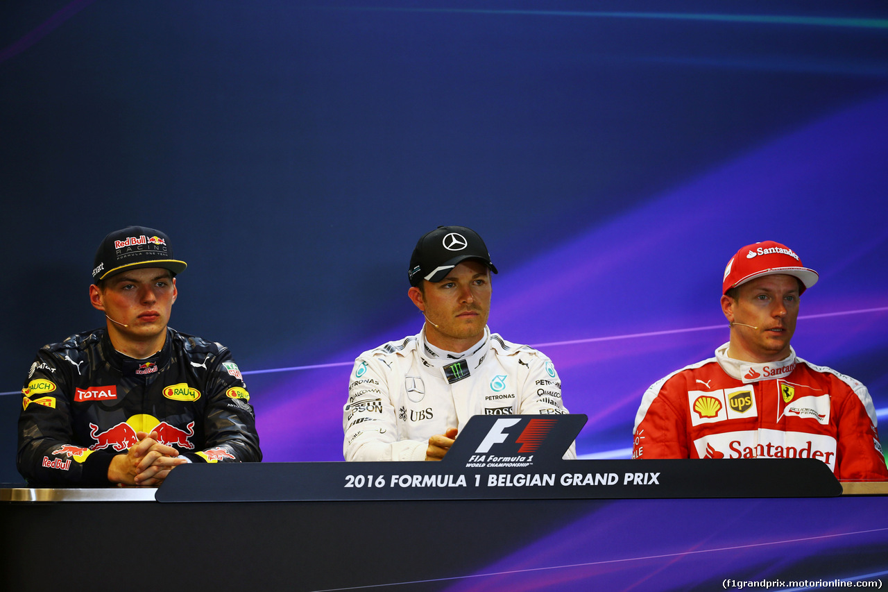 GP BELGIO, The post qualifying FIA Press Conference (L to R): Max Verstappen (NLD) Red Bull Racing, second; Nico Rosberg (GER) Mercedes AMG F1, pole position; Kimi Raikkonen (FIN) Ferrari, third 
27.08.2016. Qualifiche