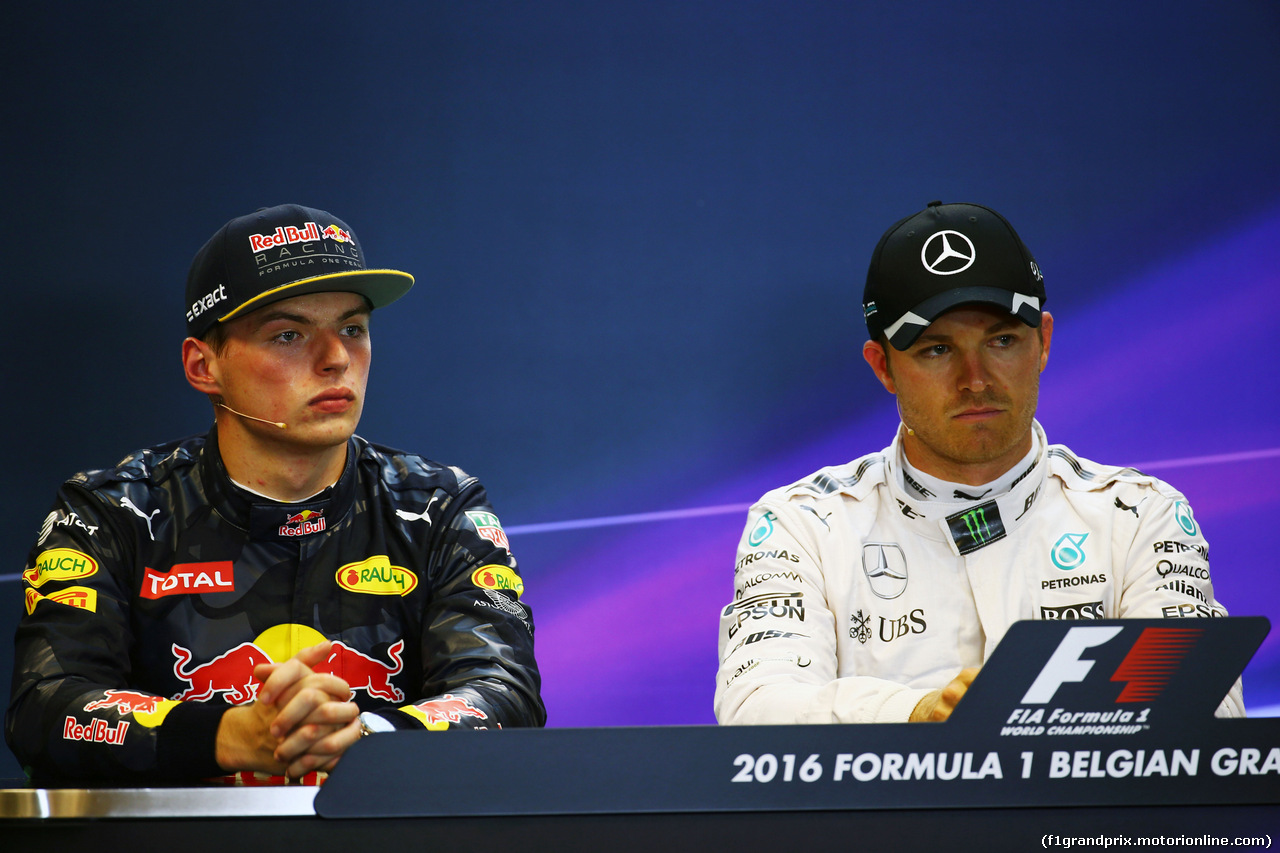 GP BELGIO, (L to R): Max Verstappen (NLD) Red Bull Racing e Nico Rosberg (GER) Mercedes AMG F1 in the post qualifying FIA Press Conference.
27.08.2016. Qualifiche