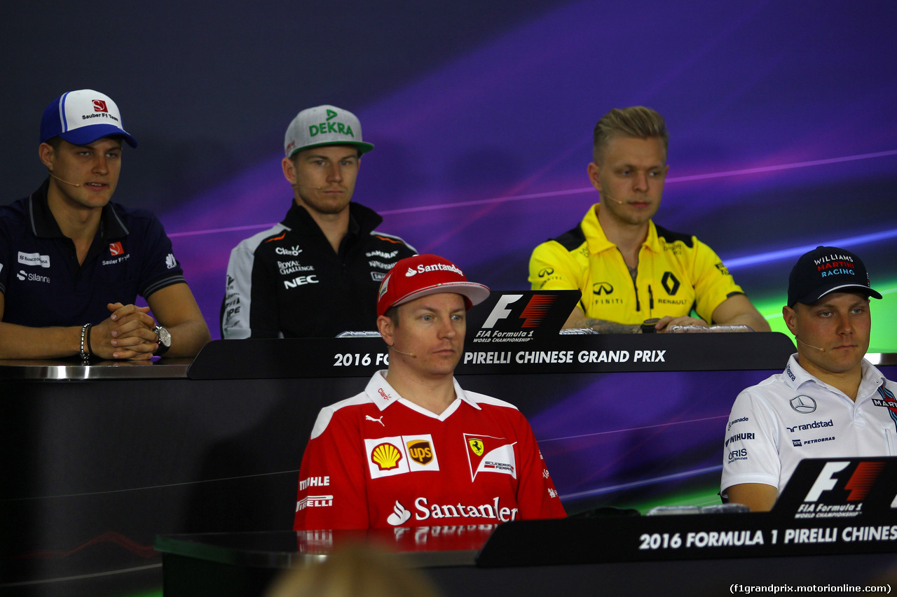 GP CINA, 14.04.2016 - Conferenza Stampa, (UP) Marcus Ericsson (SUE) Sauber C34, Nico Hulkenberg (GER) Sahara Force India F1 VJM09, Kevin Magnussen (DEN) Renault Sport F1 Team RS16, Kimi Raikkonen (FIN) Ferrari SF16-H e Valtteri Bottas (FIN) Williams FW38