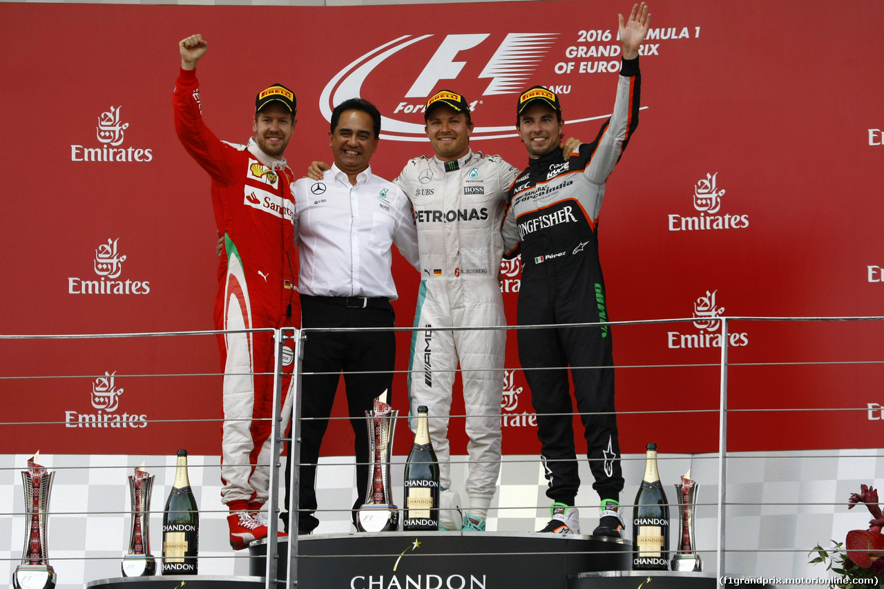 GP EUROPA, 19.06.2016 - Gara, 1st position Nico Rosberg (GER) Mercedes AMG F1 W07 Hybrid, secondo Sebastian Vettel (GER) Ferrari SF16-H e terzo Sergio Perez (MEX) Sahara Force India F1 VJM09