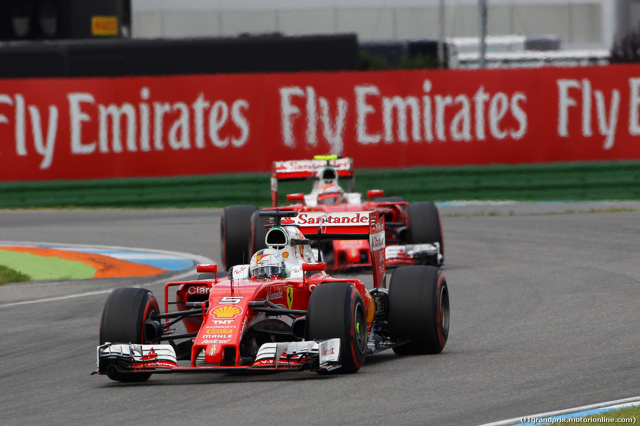 GP GERMANIA, 30.07.2016 - Prove Libere 3, Sebastian Vettel (GER) Ferrari SF16-H davanti a Kimi Raikkonen (FIN) Ferrari SF16-H