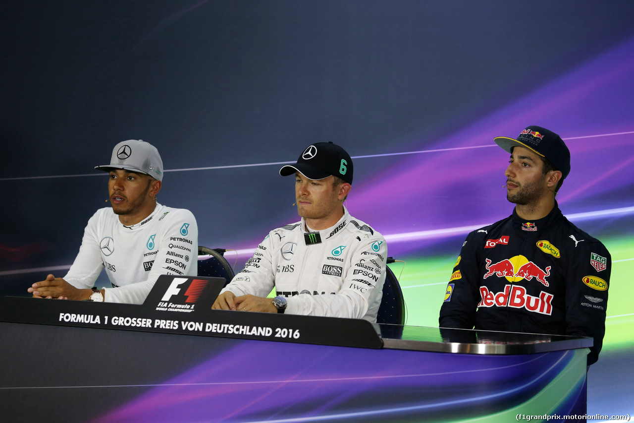 GP GERMANIA, 30.07.2016 - Qualifiche, Conferenza Stampa, Lewis Hamilton (GBR) Mercedes AMG F1 W07 Hybrid, Nico Rosberg (GER) Mercedes AMG F1 W07 Hybrid e Daniel Ricciardo (AUS) Red Bull Racing RB12