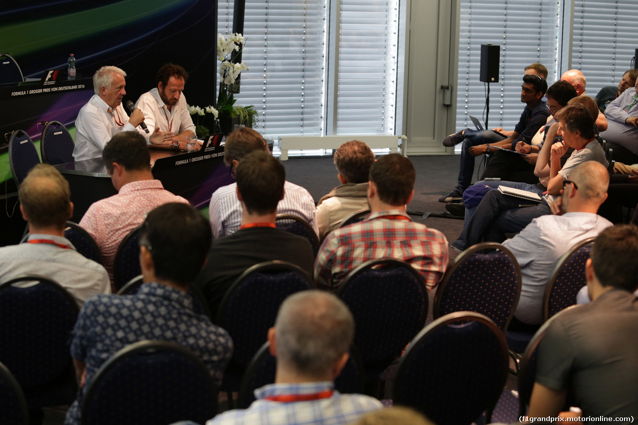 GP GERMANIA, 29.07.2016 - Prove Libere 1, Conferenza Stampa, Charlie Whiting (GBR), Gara director e safety delegate  e Matteo Bonciani (ITA), F1 Head of Communications