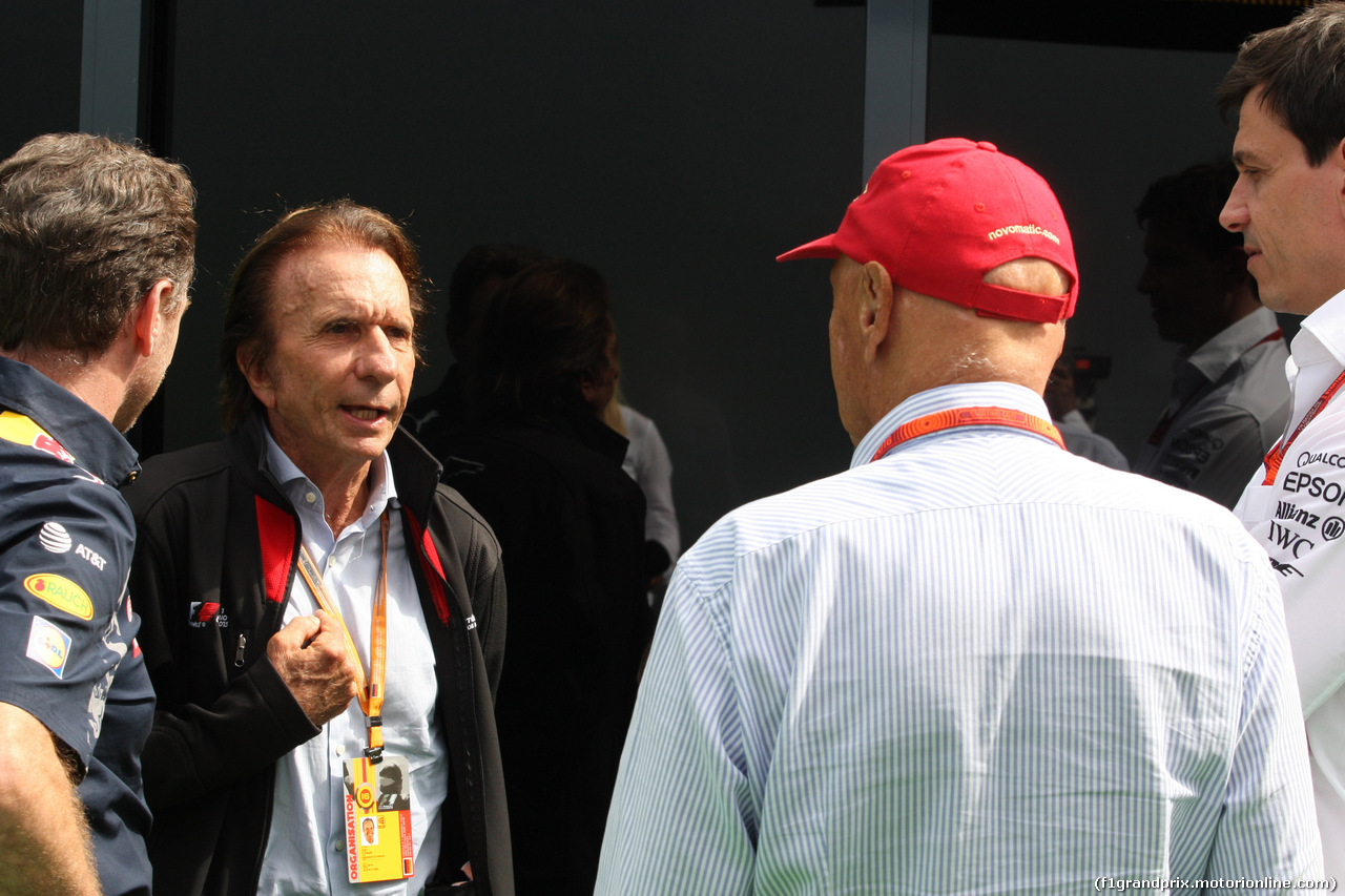 GP GERMANIA, 29.07.2016 - (L-R) Christian Horner (GBR), Red Bull Racing, Sporting Director, Emerson Fittipaldi (BRA), Ex F1 Champion, Nikki Lauda (AU), Mercedes e Toto Wolff (GER) Mercedes AMG F1 Shareholder e Executive Director