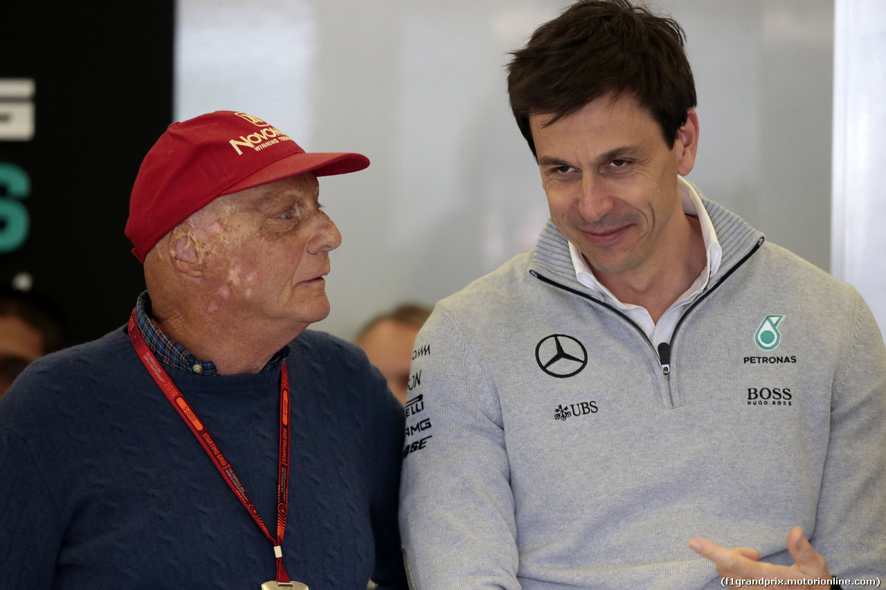 GP GRAN BRETAGNA, 08.07.2016 - Prove Libere 2, Nikki Lauda (AU), Mercedes e Toto Wolff (GER) Mercedes AMG F1 Shareholder e Executive Director