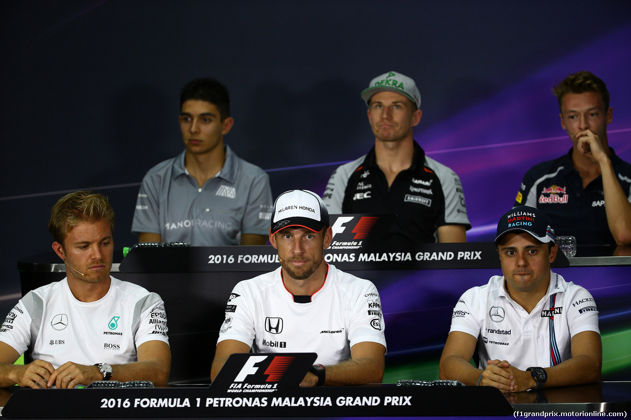 GP MALESIA, 29.09.2016 - Conferenza Stampa, (L-R) Esteban Ocon (FRA) Manor Racing MRT05, Nico Hulkenberg (GER) Sahara Force India F1 VJM09, Daniil Kvyat (RUS) Scuderia Toro Rosso STR11, Nico Rosberg (GER) Mercedes AMG F1 W07 Hybrid, Jenson Button (GBR)  McLaren Honda MP4-31 e Felipe Massa (BRA) Williams FW38