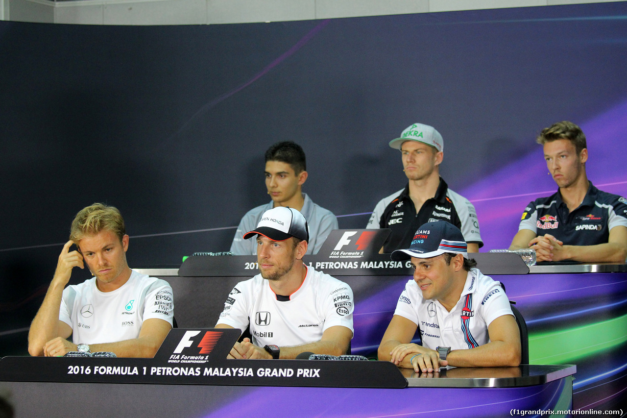 GP MALESIA, 29.09.2016 - Conferenza Stampa, (L-R) Esteban Ocon (FRA) Manor Racing MRT05, Nico Hulkenberg (GER) Sahara Force India F1 VJM09, Daniil Kvyat (RUS) Scuderia Toro Rosso STR11, Nico Rosberg (GER) Mercedes AMG F1 W07 Hybrid, Jenson Button (GBR)  McLaren Honda MP4-31 e Felipe Massa (BRA) Williams FW38