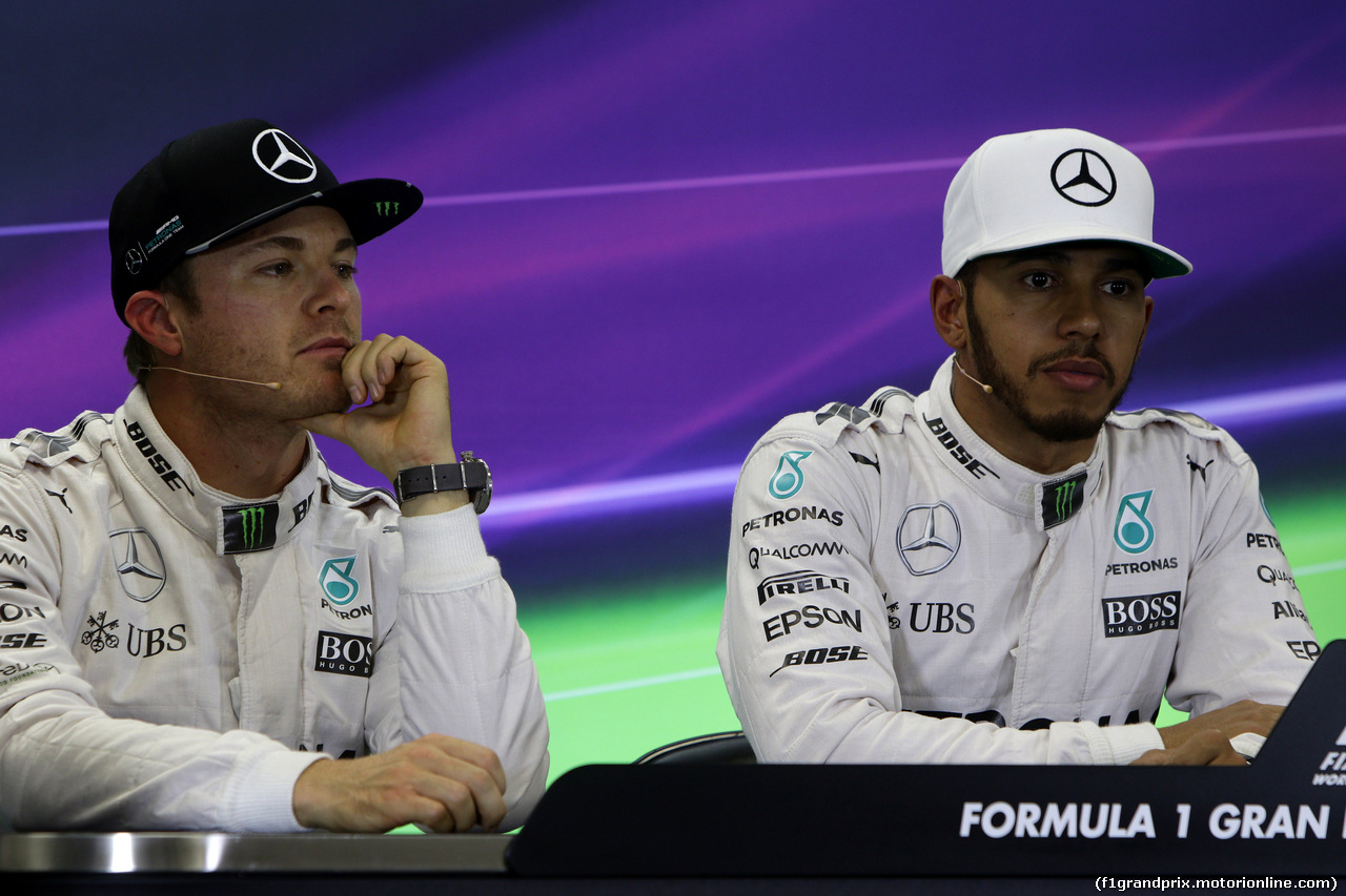 GP MESSICO, 29.10.2016 - Qualifiche, Conferenza Stampa, Nico Rosberg (GER) Mercedes AMG F1 W07 Hybrid e Lewis Hamilton (GBR) Mercedes AMG F1 W07 Hybrid