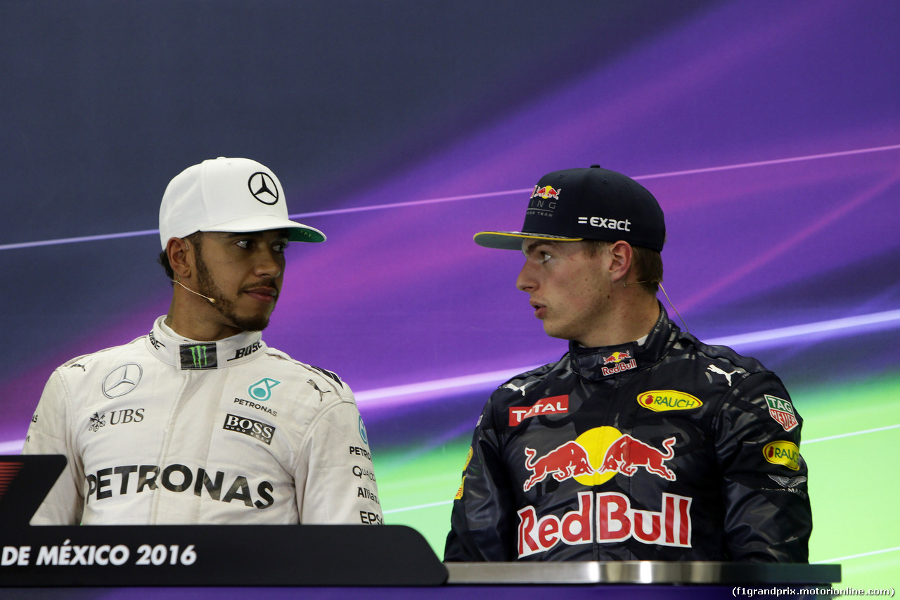 GP MESSICO, 29.10.2016 - Qualifiche, Conferenza Stampa, Lewis Hamilton (GBR) Mercedes AMG F1 W07 Hybrid e Max Verstappen (NED) Red Bull Racing RB12