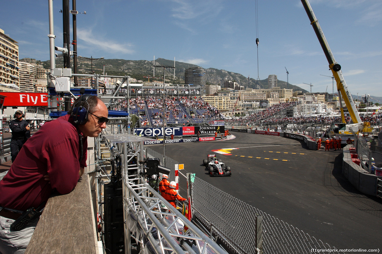 GP MONACO, 28.05.2016 - Prove Libere 3, Gerard Berger (AUT) e Romain Grosjean (FRA) Haas F1 Team VF-16
